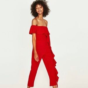 Zara Red Ruffles Off Shoulder Jumpsuit